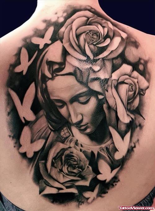 Rose Flowers Butterflies And Angel Back Tattoo