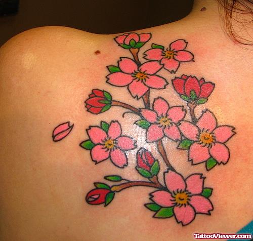Pink Flowers Back Tattoo For Girls