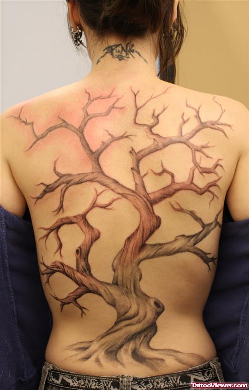 Grey Ink Tree Full Back Tattoo