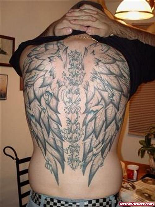 Grey Ink Large angel Wings Back Tattoo