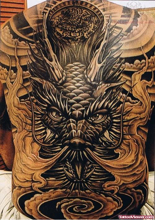 Grey Ink Japanese Dragon Back Tattoo