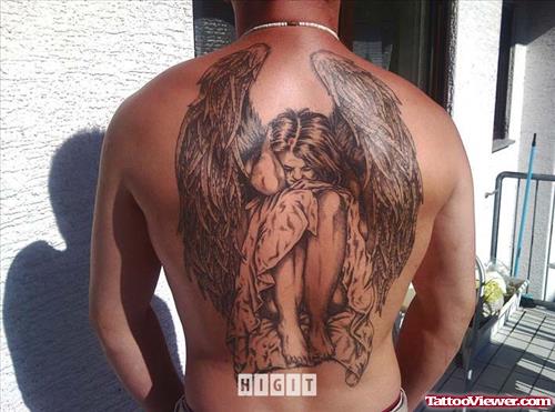 Grey Ink Fallen Angel Back Tattoo For Men