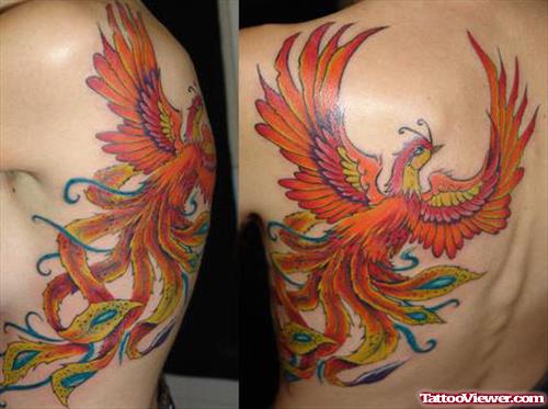 Colored Flying Phoenix Back Tattoo