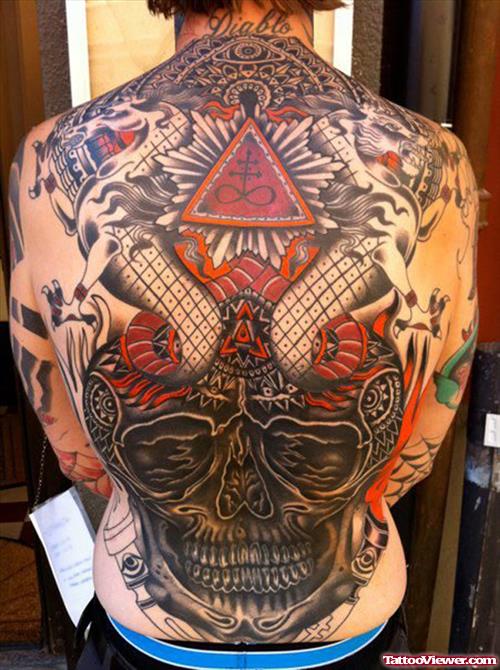 Awesome Black Ink Skull Back Tattoo