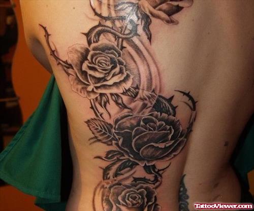 Grey Ink Rose Flowers Tattoos On Back