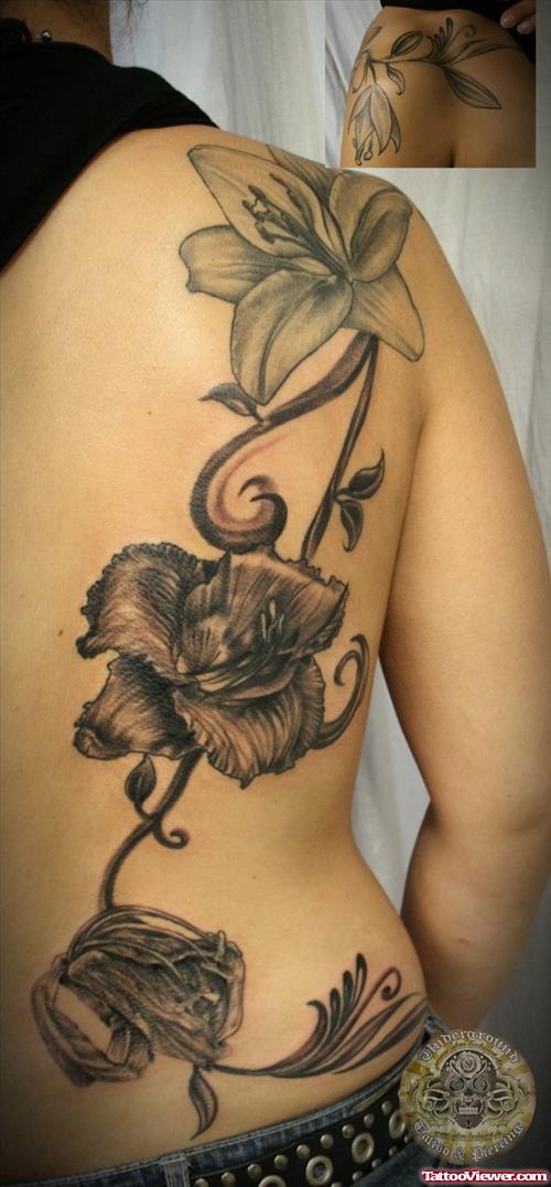 Grey Ink Flowers Back Tattoo