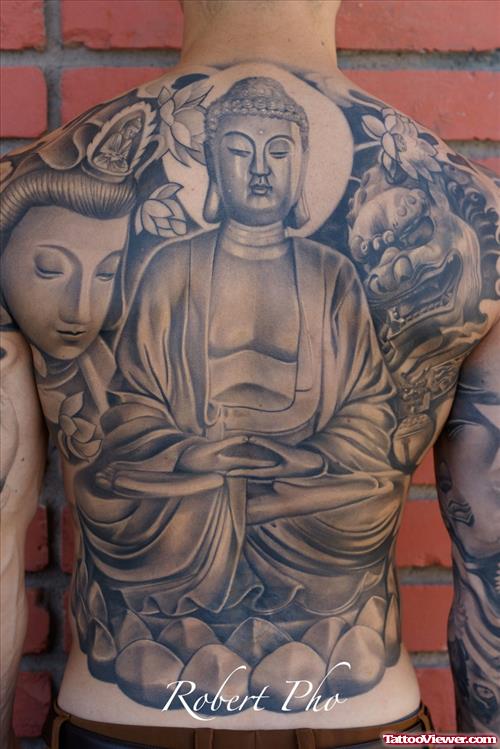 Grey Ink Buddha Back Tattoo For Men