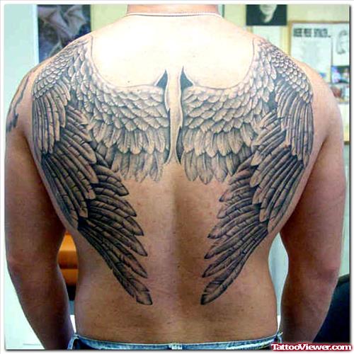Grey Ink Angel Wings Back Tattoo