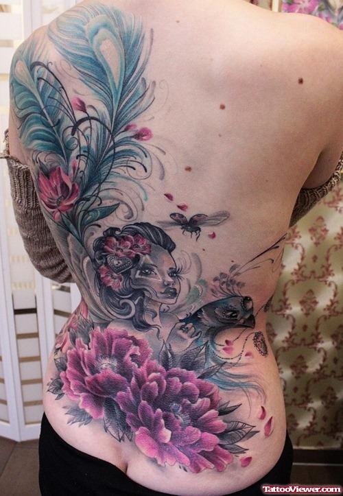 Colored Flowers And Girl Back Tattoo
