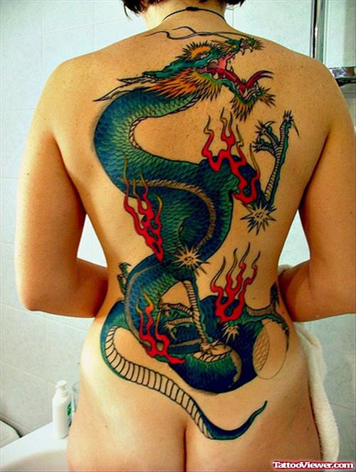 Colored Dragon Tattoo On Girl Back