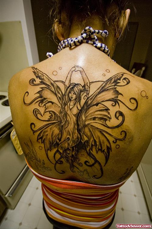 Amazing Grey Ink Fairy Back Tattoo