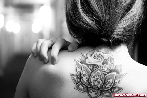 Skull In Lotus Flower Back Tattoo