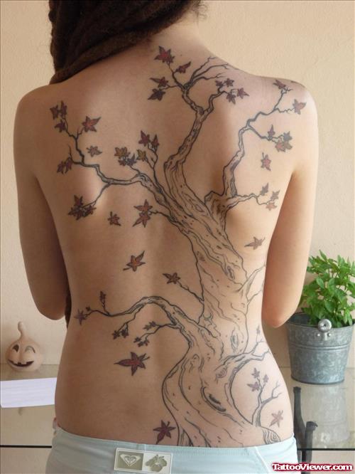 Maple Leaf Tree Back Tattoo For Girls