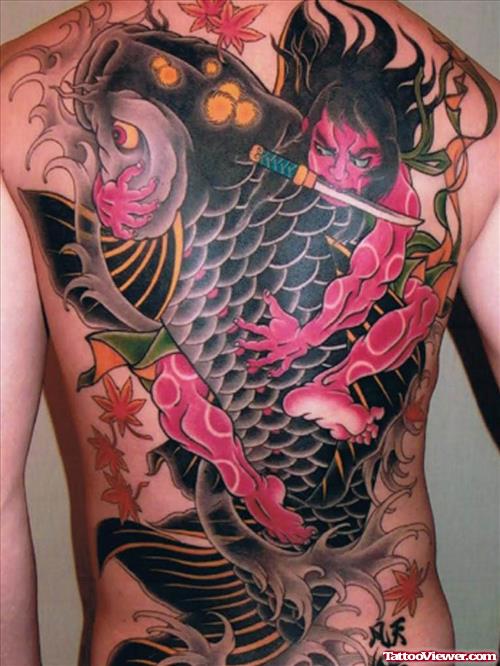 Japanese Koi Colored Ink Back Tattoo For Men