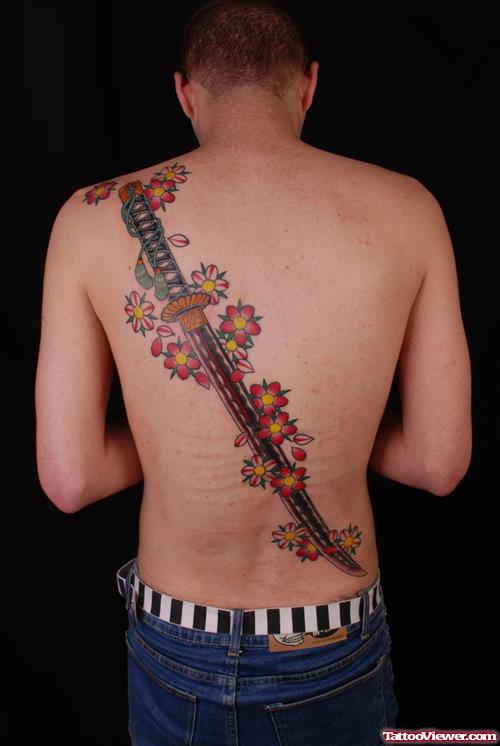 Japanese Flowers and Sword Back Tattoo