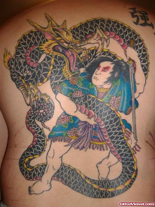 Japanese Dragon And Warrior Back Tattoo