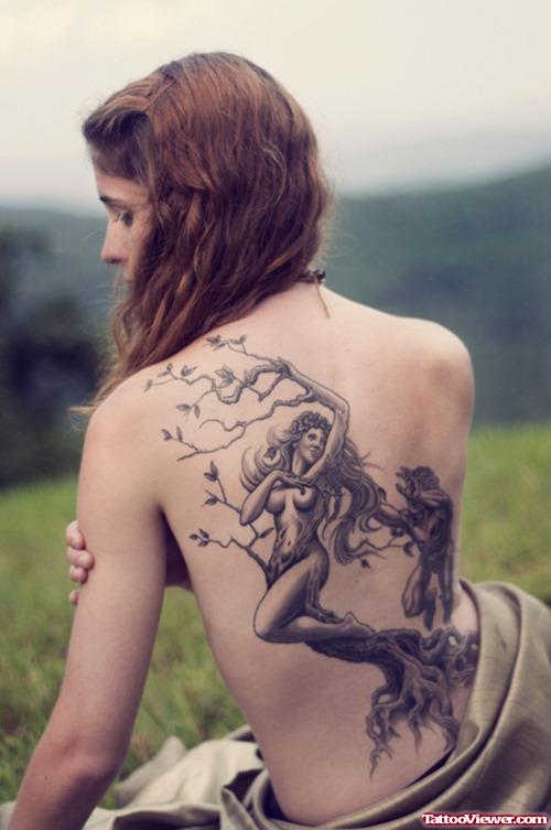 Grey ink Tree Girl Back Tattoo