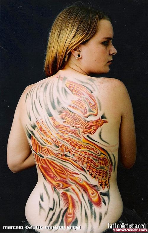 Girl With Phoenix Colored Back Tattoo