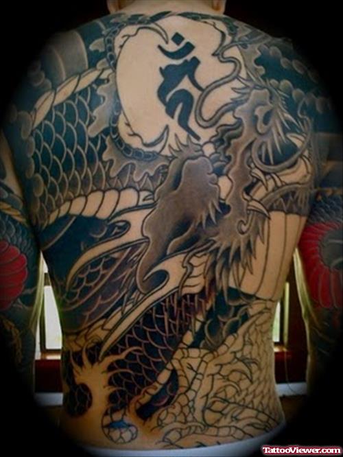 Full Back Grey Ink Dragon Tattoo
