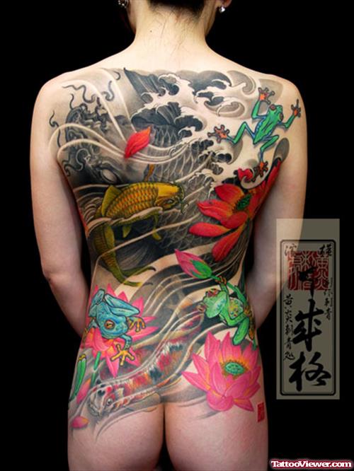 Colored Flowers And Koi Fish Tattoo On Back