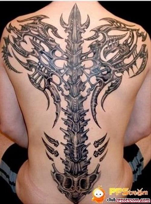 Biomechanical Tribal Back Tattoo
