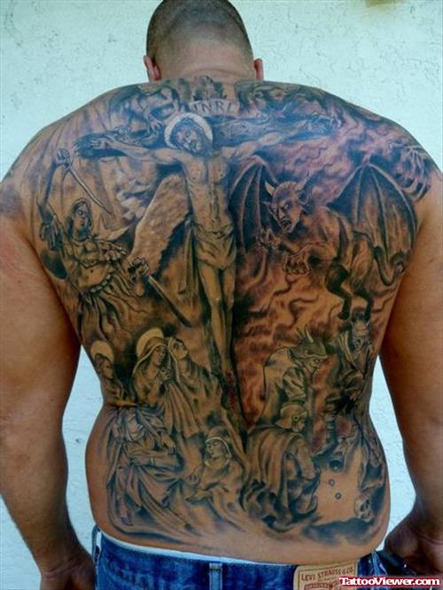 Angel And Devils Grey Ink Tattoo On Man Back