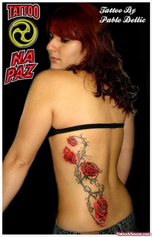 Red Rose Flowers Back Tattoo For Girls