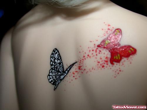 Red and Black Ink Butterfly Back Tattoo