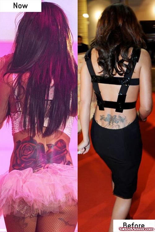 Grey Ink Butterfly And Rose Flowers Lowerback Tattoos