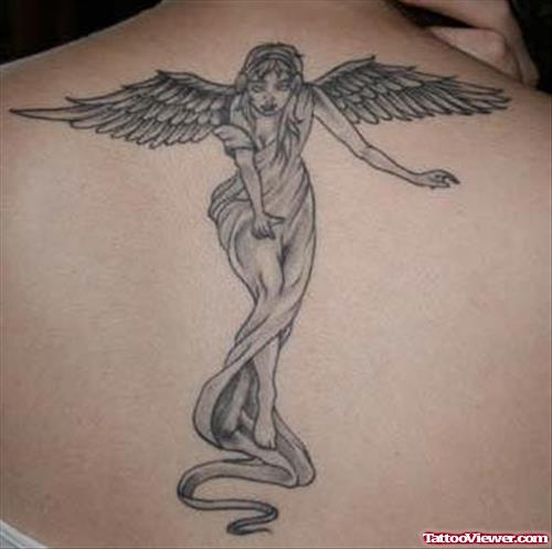 Grey Ink Angel Tattoo On Upperback