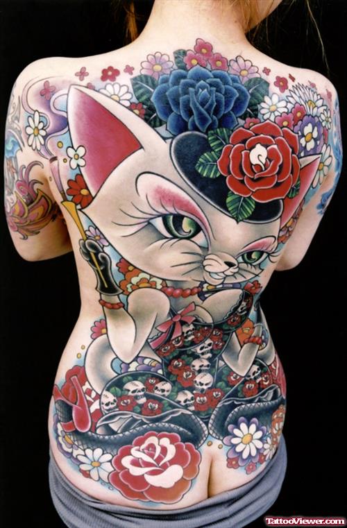 Genko Kitty And Flowers Back Tattoo