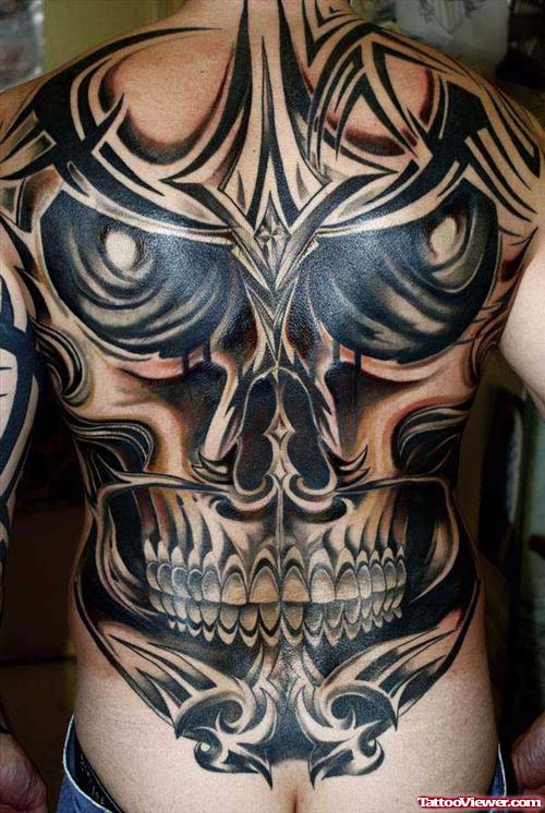 Amazing Grey Ink Tribal Skull Back Tattoo For Men