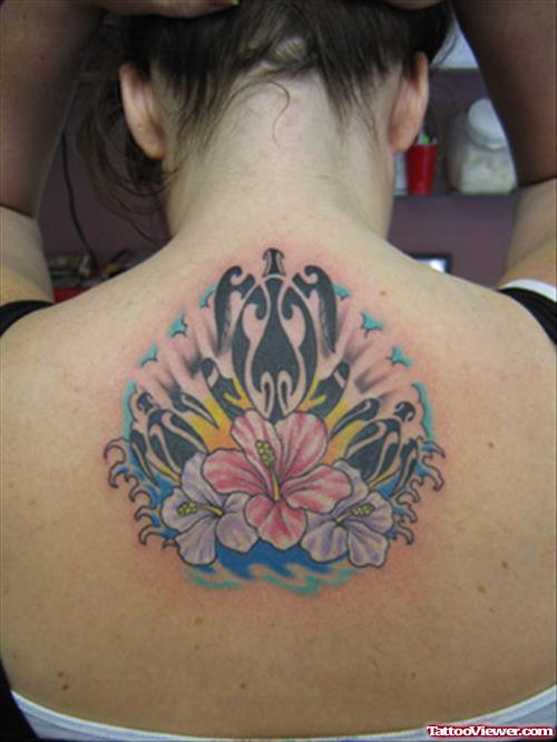 Turtle And Lily Flowers Back Tattoo For Girls