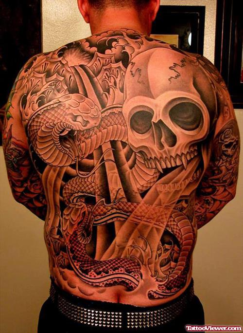 Skull And Snake Back Tattoo
