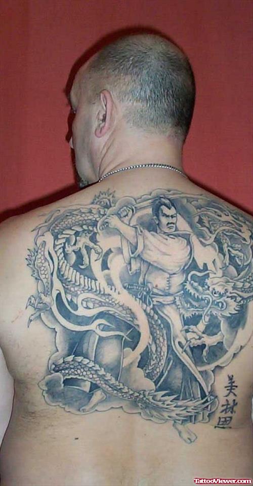 Man Fighting With Dragon Grey Ink Back Tattoo