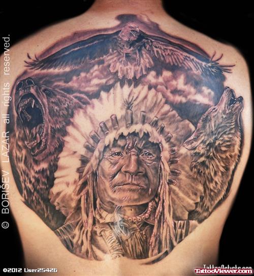 Grey Ink Native Back Tattoo