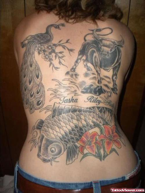 Grey Ink Peacock, Koi and Bull Back Tattoo For Girls