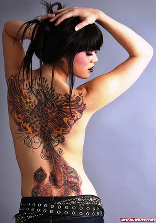 Colored Ink Phoenic Full Back Tattoo For Girls