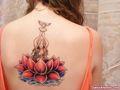 Lotus Flower And Girl With Bird Back Tattoo