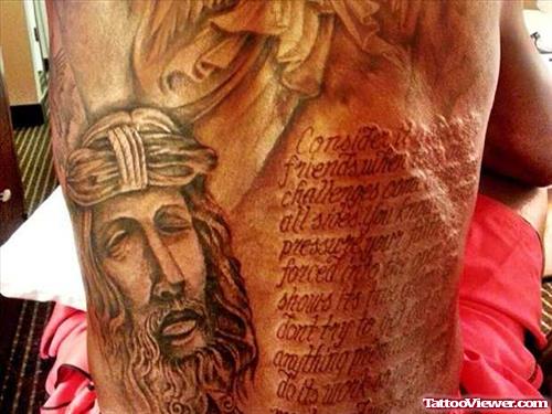 Jesus Head And Script Back Tattoo