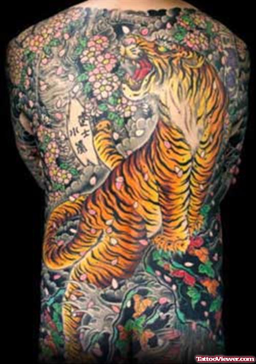 Japanese Tiger Color Ink Back Tattoo
