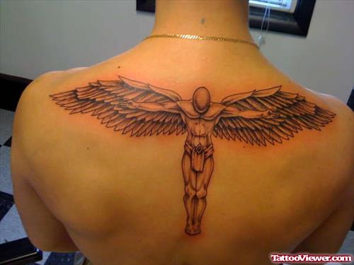Grey Ink Male angel Tattoo On Man Upperback