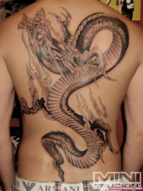 Grey Ink Dragon Back Tattoo For Men