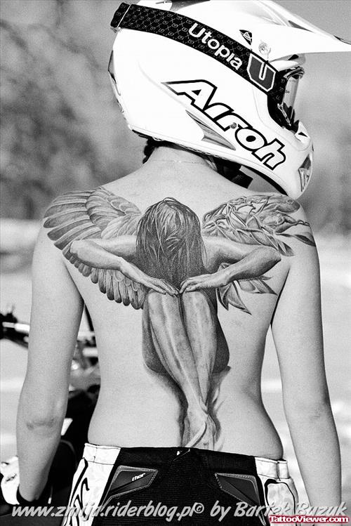 Fallen angel Grey Ink Tattoo On Back