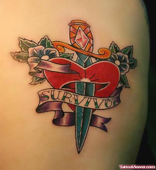 Dagger Heart With Flowers Back Tattoo