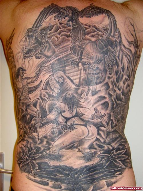 Amazing Grey Ink Demon Back Tattoo