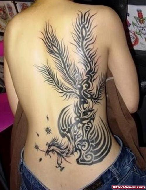 Tribal Phoenix Grey Ink Back Tattoo