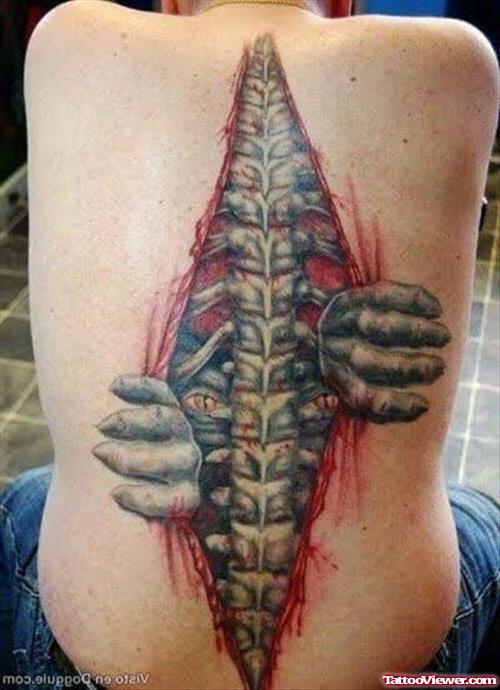 Spinal Bone Ripped Skin Back Tattoo