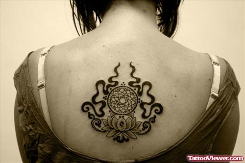 Lotus Flower And Black Flames Back Tattoo