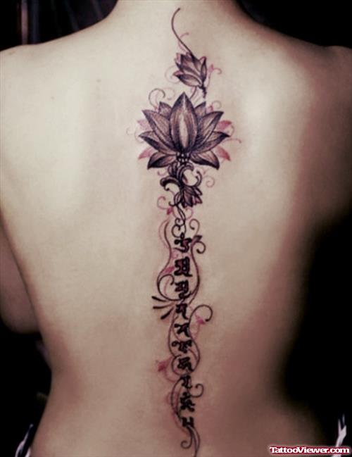 Grey Ink Lotus Flower Symbol Language Back Tattoo